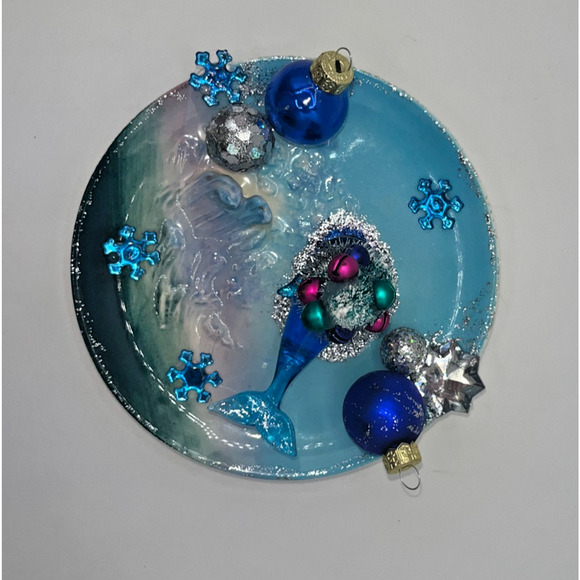 Vintage Mini Hand Blown Glass Blue Christmas Whale "Swimming in Snowflakes"OOAK - Picture 16 of 16